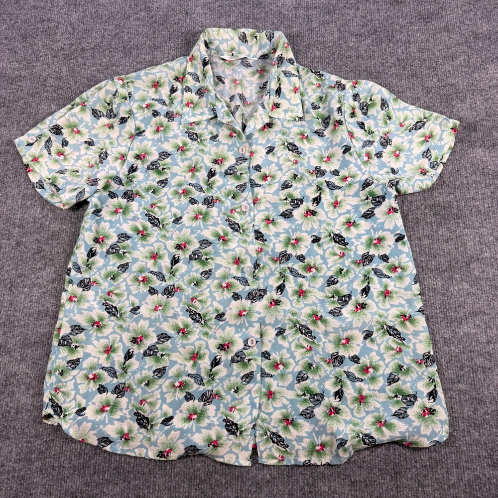 Vintage Nam Mee Floral Button Up Short Sleeve Blue Shirt Large Cottagecore boho